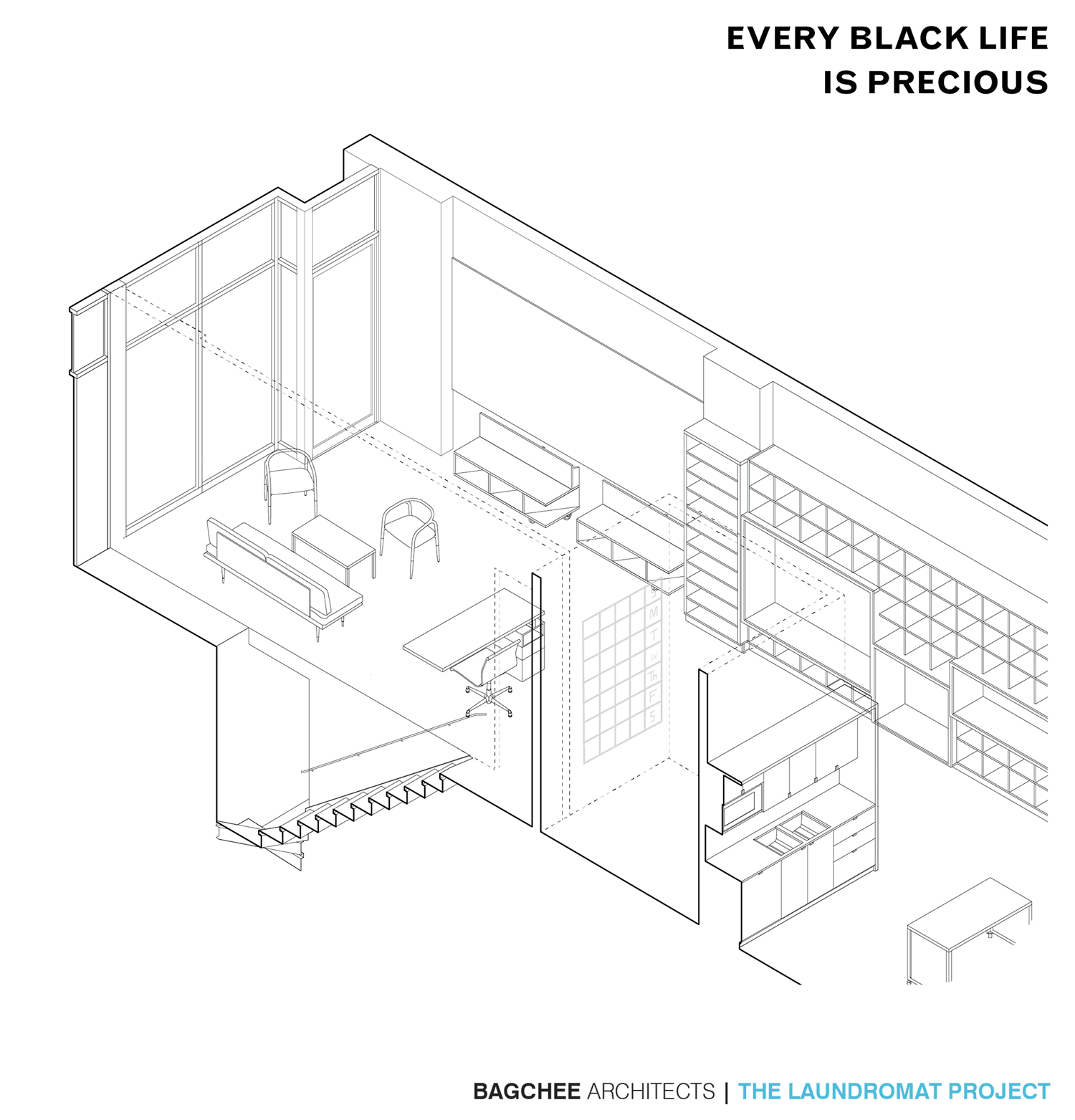 Architectural drawing GIF showing the interior of The LP's space in varying configurations.