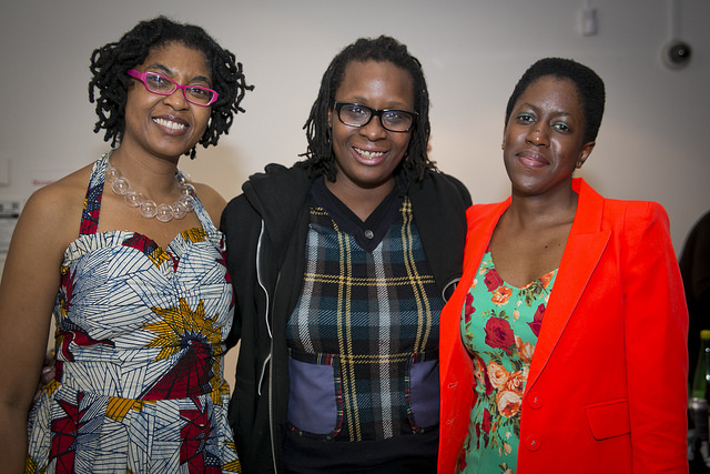 Mickalene Thomas (center) with executive director Kemi Ilesanmi and Create Change alumna Nontsikelelo Mutiti