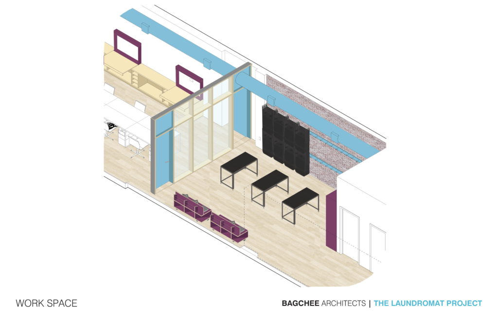 Architectural drawing of the work space section of The LP's space. Black tables and purple benches are arranged in the room.